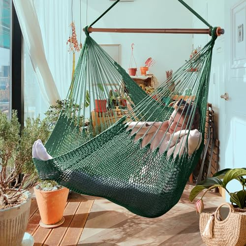 Bathonly Siège Suspendu Chaise Un Caraïbe avec Barre en Métal Amovible, Grande Hamac Chaise Pivotante, Chaise Suspendue en Corde XL pour Extérieur Et Intérieur, Capacité de 150 Kg, Vert