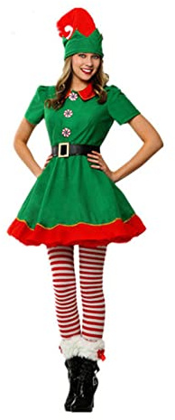 RTGSE Adult Christmas Elf Costume Clothes Set Santa's Helper Cosplay Sets Men Women Christmas Elf Outfit for Holiday Party （A-women Green Dress, S）