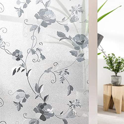 Shackcom Fensterfolie Selbsthaftend 90x400cm Fensterfolie Blickdicht Sichtschutzfolie Statisch Haftend Anti-UV Dekorfolie mit Peony Flower Muster für Wohnzimmer Schlafzimmer-J028