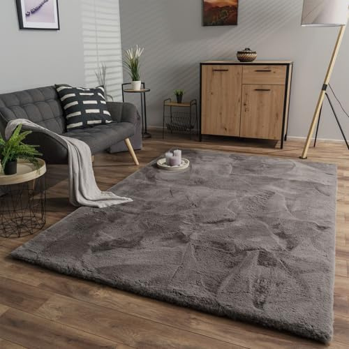 TT Home Wohnzimmer Hochflor Teppich Langflor Soft Kaninchenfell Fell Imitat Weich, Farbe: Anthrazit, Größe:80x150 cm