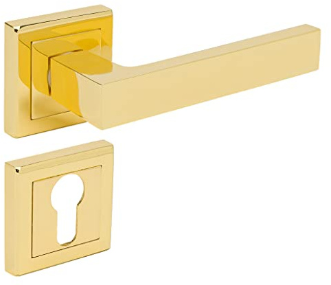 ALSTEN TECH Türbeschlag Drückergarnitur Türgriff BB PZ WC Messing Poliert Eckig Türdrücker auf Eckiger-Rosette für Zimmertüren GOLD L-Form (PZ - Profilzylinder)
