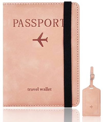 FZSECRIU Reisepasshülle、Kofferanhänger 2 Stücke, Passport Hülle mit RFID-Blocker, Impfpass Hülle, Kofferanhänger, Passport Cover, Ausweishülle（Rosa）