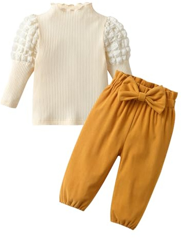 Kumsolu Vestiti da bambina a collo alto, maniche a sbuffo, top e pantaloni, set da 2 pezzi, Arancione, 9-12 Months