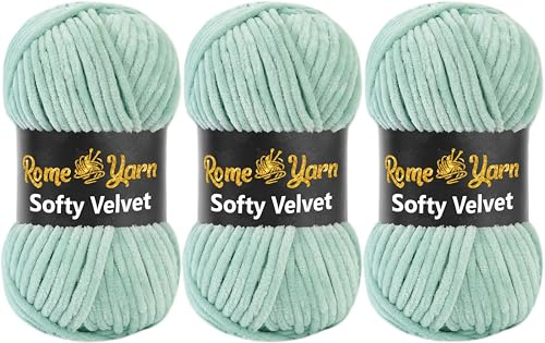 Rome Yarn Softy Velvet Wolle 3 x 100g | Samtgarn Chunky Chenillewolle Babywolle Amigurumi Super Bulky Garn zum Häkeln und Strickwolle (951 Minze)
