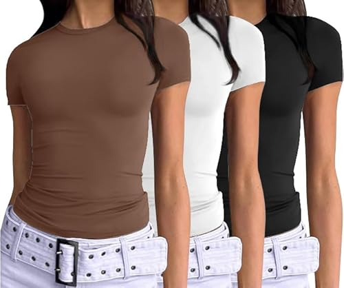 VELISDE Women's 3 Pack Short Sleeve Shirts Basic Slim Fit Crop Tops Going Out Tops 2025 Spring Summer Tight Tees Y2k Clothes (Black,White,Coffee-M)