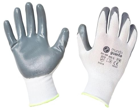 MUNDOGUANTE Guante de Trabajo IRIS en Poliester Blanco y Nitrilo Color Gris (Talla S) 6 Pares