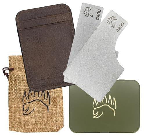 2X Dual Grit Diamond Sharpening Stone + Leather Wallet Strop | By The Bear Essentials | Pocket Credit-Card Sized Field Sharpener for Camping, Bushcraft, Outdoors, Survival, EDC - Light Brown
