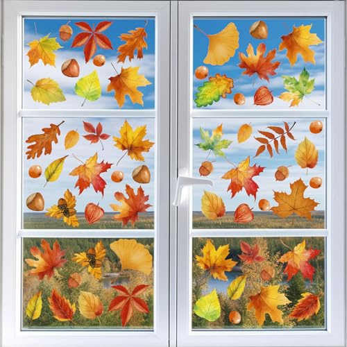 GoldRock Fensterbilder Herbst Deko, 56 Stück Herbstdeko Fenster Innen, Ahornblätter Herbst Fensterbilder Selbstklebend,Thanksgiving Fensteraufkleber Herbst Groß,Herbst Dekoration Fenstersticker Kinder