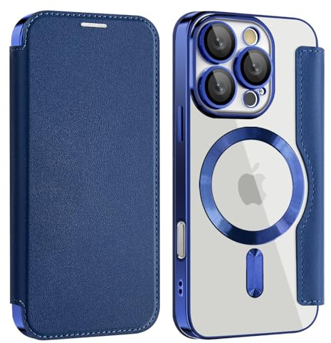 Unichthy Magnetic Flip Case for iPhone 16 Pro Clear Cover |RFID Blocking| Wallet Purse Shockproof Leather Stand Cover Individual Protection for Each Lens Phone Skin for iPhone 16 Pro Blue