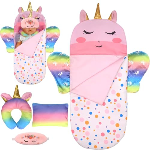 Puppenschlafsack für Babypuppen, Einhorn Puppenschlafsack Set, mit Schlafmaske und U-Förmiges Kissen & Quadratisches Kissen , weiches Zubehör für 25-38cm Puppen Geburtstagsgeschenk Für Mädchen
