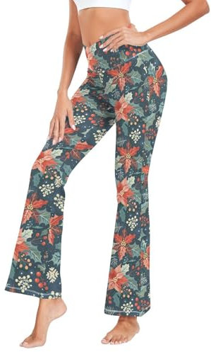 Fustylead Xmas Holly Leaves Schneeflocken Blumen Beeren Damen Bootcut Yogahose Kreuz Hohe Taille Glocke Schlaghose S-XXL, blau, XL