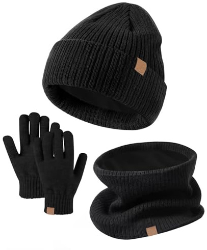 MUNSKT 3 PCS Kids Winter Hat Scarf Gloves Set Warm Thermal Knitted Beanie Cap Snood Neck Warmer Touchscreen Mitten Soft Fleece Lining Elastic for Children Aged 5-12 Outdoor Sports (Black)