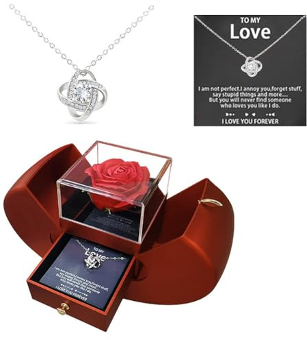 Eternal Rose with Necklace Apple Gift Box, with Four-leaf Clover or Eternal Heart Necklace and To my love Card, Romantic Gifts for her on Anniversaries, Christmas, Birthday, Valentine's Day