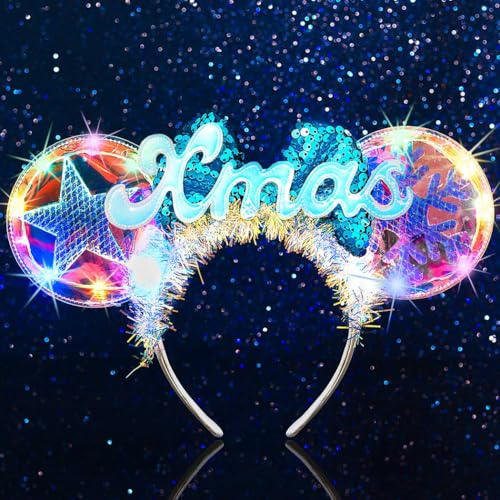 Handcess Light up Christmas Headband Flashing Xmas Headwear LED Bow Headbands Glitter Star Hair Accessories for Women