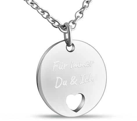 Hanessa Personalisierte Kette mit Gravur Edelstahl 50 cm mit Anhänger Herz rund in silber - Personalisierte Halskette für Männer und Frauen - Personalisierter Schmuck Damen Herren