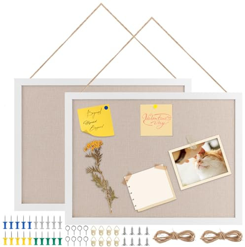 MIVIDE 2 Pcs Tableau à Lin Blanc avec Cadre en Bois, Tableau Liege Mural 40 x 30 cm, Tableau d'Affichage avec Épingles Pour Décoration Murale, Cuisine Menu, École, Bureau