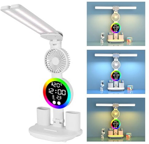 Desk Lamp LED Table Lamp Dimmable Touch Control Desk Light with Clock + Fan