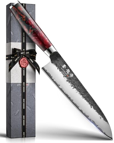 Japanese Chef Knife, 8 Inch Hand Forged Kitchen Knives with VG10 Core, Professional Gyuto Knife for Home & Restaurant, Sanmai Chefs Knives with Ergonomic Red Handle, Mothers Day Kitchen Gifts for Mom