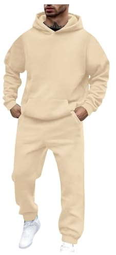 Mens Tracksuit Set Long Sleeve Hooded Sweatshirt and Sweatpants Joggers Set 2 Piece Sweatsuits for Men Hooded Gym Sweatsuits Plain Yoga Pants Outfit Casual Athletic Sets (Beige-2, L)