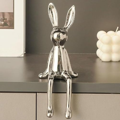 GUSHE Brass Sitting Bunny, Sitting Bunny for Shelf, Sitzende Hasenskulptur, Keramik Osterhase Figur, Sitzender Hase Beflockt, Sitzender Hase Deko, Osternhase Deko für Wohnzimmer Bücherregal (Silber)