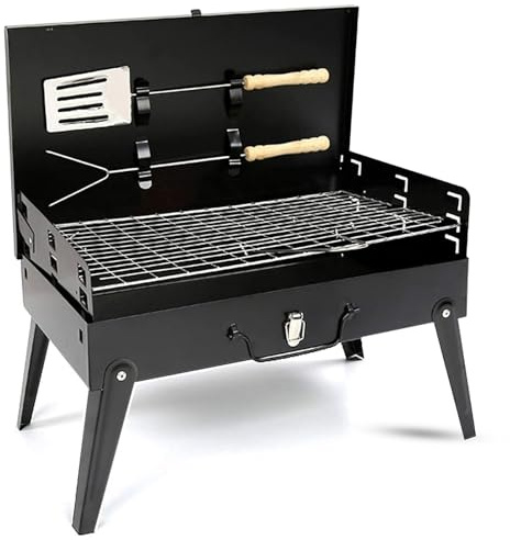 Portable BBQ Charcoal Grill Folding Small Travel BBQ Grill with Tool Set Mini Foldable Stainless Steel BBQ Grill for Camping, Garden, Picnic, Trips Outdoor Black