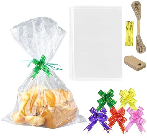 25 pezzi sacchetti regalo in cellophane, sacchetti di cellophane trasparenti, con fiocchi regalo, carta kraft, cravatte, corda,per l'imballaggio