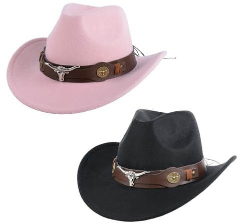 CZCMYAU Western Cowboy Hat for Men and Women Pack of 2 Wide Brim Felt Soft Panama Fedora Hat with Removable Belt Buckle Cowboy & Cowgirl Hats Set for Adult Costume Party(1 x Pink + 1 x Black)