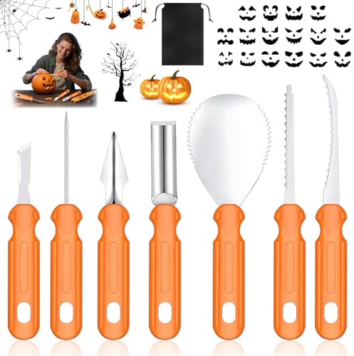 Vibbang 7pcs Halloween Pumpkin Carving Kit, Pumpkin Carving Tools, Heavy Duty Stainless Steel Carving Tools for Halloween with 16 Stencils, Halloween Pumpkin Carving Tools