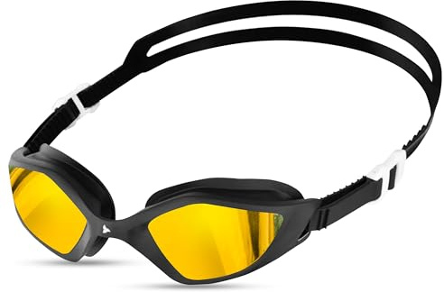 TFA prisbelönta simglasögon | avancerade antidimbehandlade linser | 100 % UVA/UVB-skydd | anpassad 3D TPE-packning | TPE näsbro | designad för män och kvinnor (RAPID-X - svart/guld)