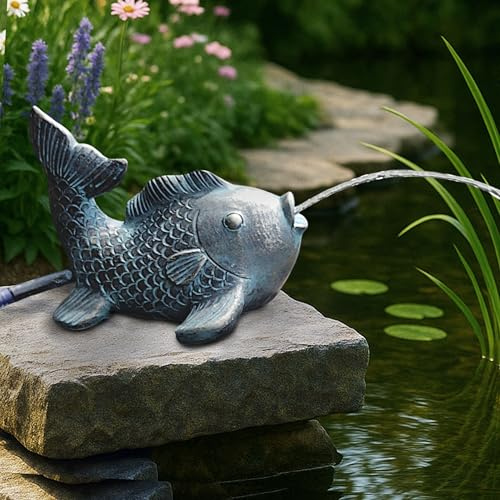 Garghilè solare con pompa, statuetta per laghetto con pompa solare e gioco d'acqua, decorazione da giardino in poliresina effetto bronzo, fontana solare per laghetto da giardino e corso d'acqua (pesce