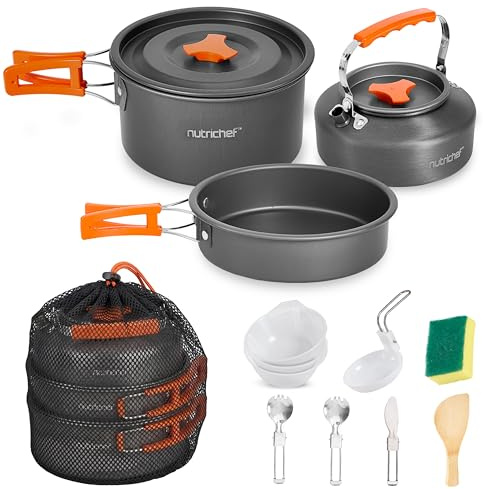 Nutrichef Utensilios Cocina Camping, Set, Compacto, Liviano, Sartenes, Ollas, Bowls, Cubiertos, Antiadherentes,Mangos Plegables, Ideal para Acampadas y Viajes