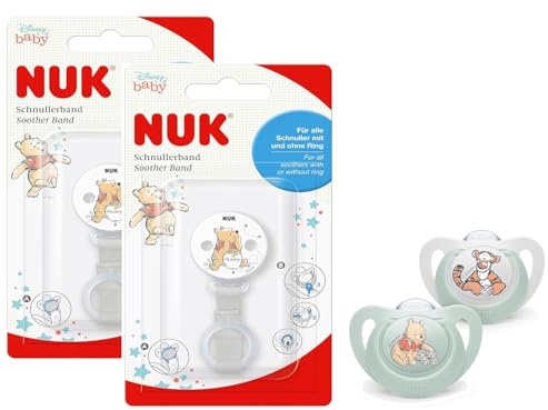 NUK Star Schnuller Winnie the Pooh Gr. 1 (0–6 Monate) + 2x Saugerband – Beruhigungsschnuller mit weicher Saugerform – BPA-frei