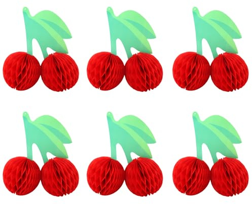 Centro de Mesa de Cerezas (6 Unidades), Decoración para Fiesta cumpleaños Forma Panal Colgante Creativo Farolillo Papel Frutas para Techo Baby Shower Decoración Mesa (Rojo)