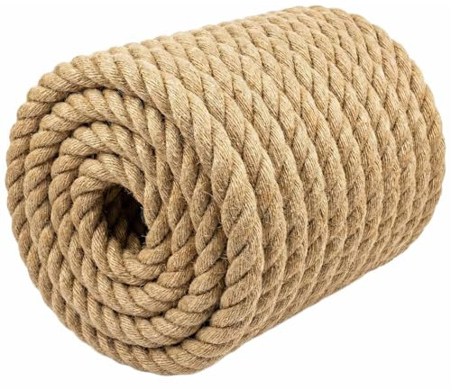Natural Jute Rope (3/4 Inch x 100 Feet) Thick Hemp Rope Twisted Manila for DIY Crafts, Deck Railings, Hanging Swing, Nautical Decorating