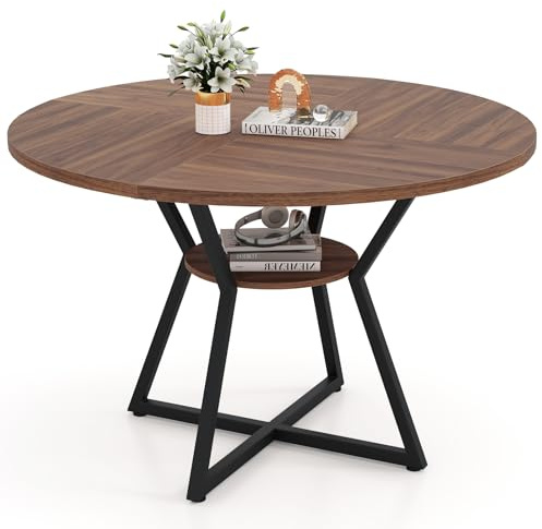 COSTWAY Dining Table for 4-6 People, Round Wooden Kitchen Tables with Storage Shelves, Metal Base & Adjustable Foot Pads, Circle Dinner Table for Home Dining Room (with 1 Shelf, 118cm)