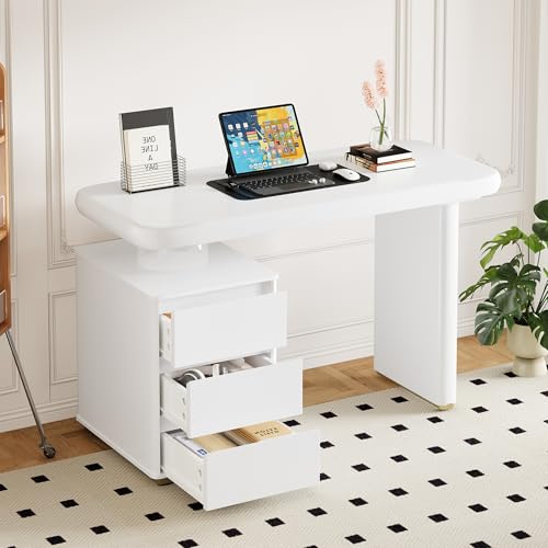 Escritorio moderno 117×50×74 cm– pintura blanca completa,forma de nube, 3 cajones,mesa y patas engrosadas,curvas redondeadas,escritorio estable completamente lacado,Escritorio francés