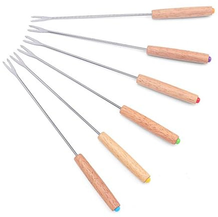 Yctze Set di 6 Forchette per Fonduta - Forchette Multifunzionali in Acciaio Inossidabile con Manico in Legno per Fonduta di Formaggio, Cioccolato e Frutta - Riunioni e Feste di Famiglia Perfette
