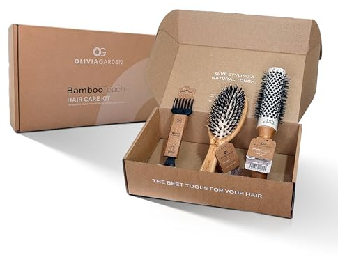 Olivia Garden Bamboo Touch Hair Care Box – Set de Cepillos con Detangle Combo S, Thermal Blowout Brush 33 & Brush Cleaner como Bonus – Un Set de Regalo con un Toque Natural