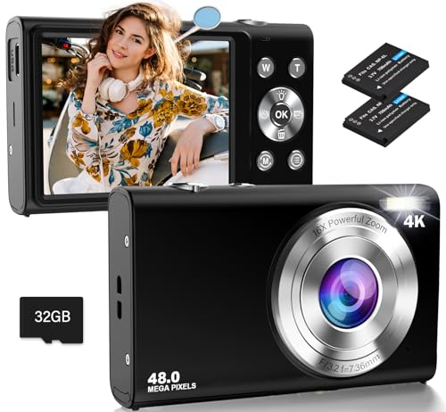 Digital Camera, 4K Autofocus Compact Camera with 32G SD Card HD 48MP with 2.8 Large Screen, 16X Digital Zoom, Portable Mini Camera for Photography, Suitable for Kids,Adult,Beginners（Black）