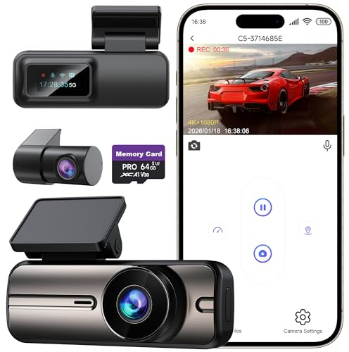 Dash Cam Front and Rear 4K 1080P, 64GB Card Included, 24H Parking Mode