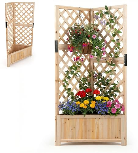 HOMASIS Blumenkasten mit Rankgitter, 140cm Hochbeet Holz, Eck Pflanzkasten mit Spalier & Drainageloch, Gartenspalier für Kletterpflanzen, Pflanzkübel mit Rankhilfe für Balkon Garten Terrasse (Natur)