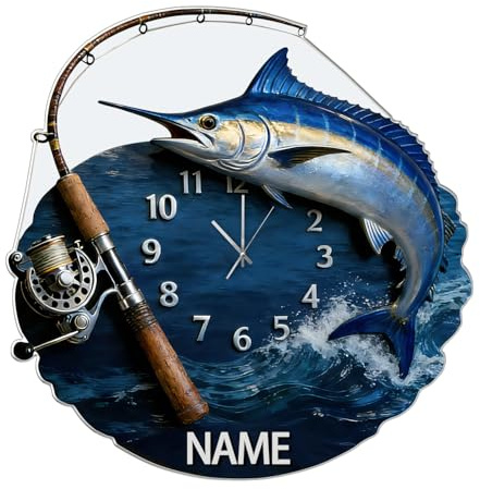 ASD Jewerly Personalisierte Angeln Thema Uhr Geschenk Fischer, 2D Flachdruck Benutzerdefinierter Name Fisch Angeln Liebhaber Wanduhr Home Dekoration Schlafzimmer Dekor