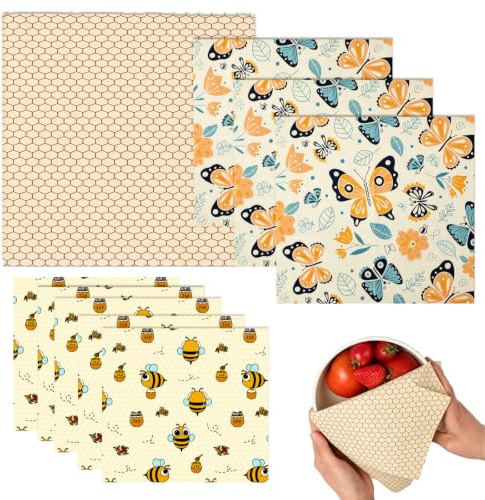 Juego de 9 Envoltorio Cera De Abeja, Reutilizables, Cera Abeja Ecológica para Alimentos, Ideales para Pan, Sándwiches, Queso, Fruta y Otros Alimentos