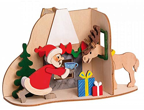 Drechslerei Kuhnert - Hobaku Bastelset - Rauchhaus/Räucherhaus - Motiv: Weihnachtsmann mit Elch - Dekoration aus Holz zum Zusammenbauen - Maße: ca. 18 x 10 x 11 cm - Made in Germany