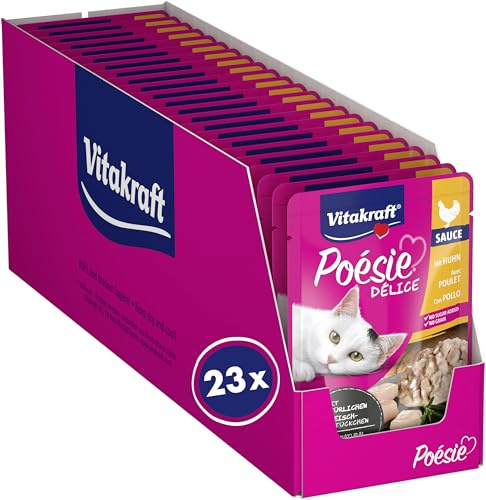 Vitakraft Poésie Délice, comida húmeda para gatos, comida húmeda para gatos en salsa, con pollo, preenvasada, sin azúcar añadido ni cereales (23x 85g)