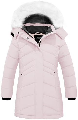 ZSHOW Girls' Outdoor Puffer jacket Thigh-Length Hooded Warm Winter Coat(Light Pink,8)