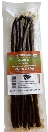 1oz. Madagascar Organic Vanilla Beans Gourmet Grade A. Certified USDA Organic 6-7.5 by FITNCLEAN VANILLA for Cooking, Brewing, Extract Fresh Bourbon NON-GMO Whole Pods