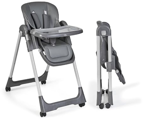 MS BabyWorld – Seggiolone Pappa Evolutivo Tasty | 7 Posizioni di Altezza e 3 di Reclinazione | Vassoio Estraibile e Poggiapiedi Regolabile | Portatile, Pieghevole, Fino a 3 anni (Gridio Scuro)