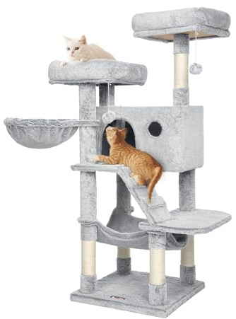 Feandrea Kratzbaum groß, Katzenbaum mit weichem Bezug, 135 cm | 2 Plattformen, Korb, für große Katzen, Ombré-Grau-Weiß, CLAWFY Kollektion PCT162M01