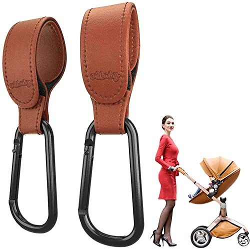 Edibaby, Crochet Poussette, Styl Cuir, 2 Unités, Ajustement Universel, Mousqueton Poussette, pour accrocher des sacs, sacs à dos, sacs à main etc (Marron)